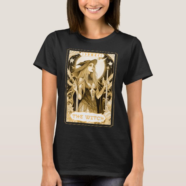 Camiseta Cartão de Bruxa Escuro-Tarot Magic Boho Mystic Cel (Frente)