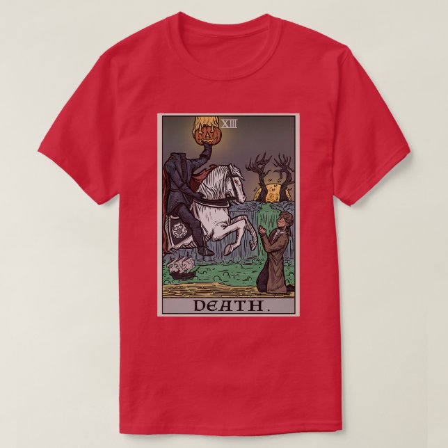 Camiseta Cartão de Morte Sem Cabeça Cavaleiro Gótico Sem Ca (Frente do Design)