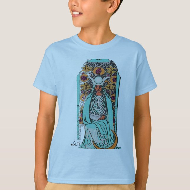CAMISETA CARTÃO DE TAROT A SACERDOTISA ALTA POR LIZ LOZ (Frente)