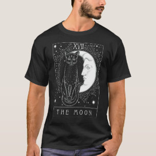 Camiseta Cartão de Tarot Lua Crescente e Gato Preto Chapéu 