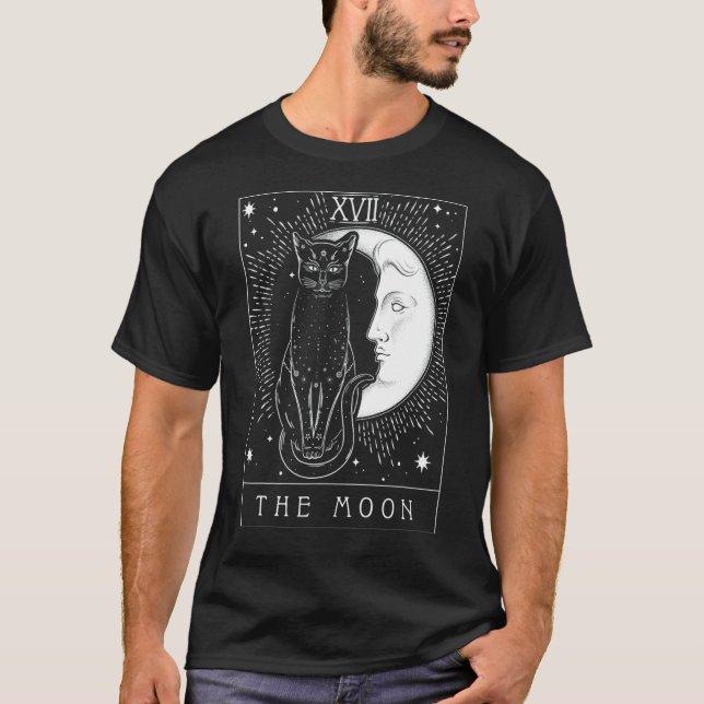 Camiseta Cartão de Tarot Lua Crescente e Gato Preto Chapéu  (Frente)
