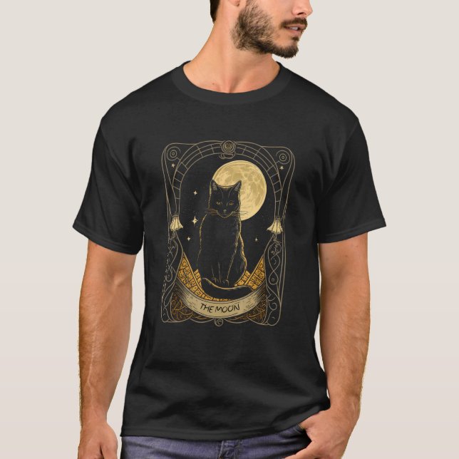 Camiseta Cartão de Tarot Lua Crescente e Gráfico de Gato (Frente)