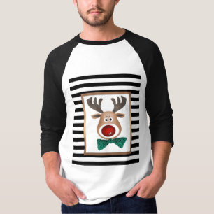 Camiseta Cartão de veado de Natal listrado branco preto ce