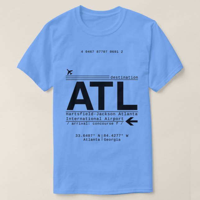 Camiseta Cartas de Chamada do Aeroporto Internacional ATL A (Frente do Design)