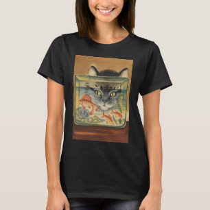 Camiseta Cartaz Antigo de Gato Olhando para Peixe