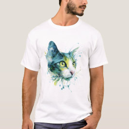 Camiseta Cartaz de Arte Abstrata com Rosto de Gato em Aquar