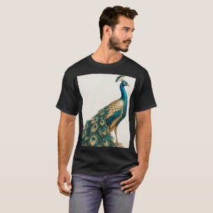 Camiseta Cartaz de Arte de Pavão Azul e Dourado Elegante