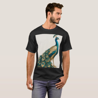 Camiseta Cartaz de Arte de Pavão Azul e Dourado Elegante