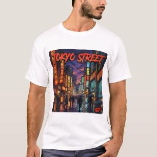 Camiseta Cartaz de Paisagem Urbana Anime Neon da Rua de Tóq