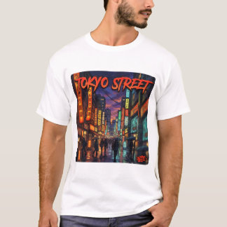 Camiseta Cartaz de Paisagem Urbana Anime Neon da Rua de Tóq
