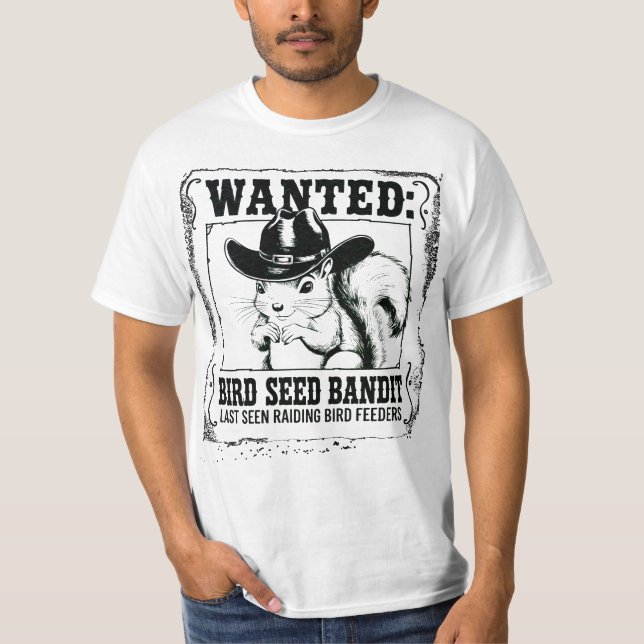 Camiseta Cartaz de Procurado Esquilo Engraçado | Bandido da (Frente)