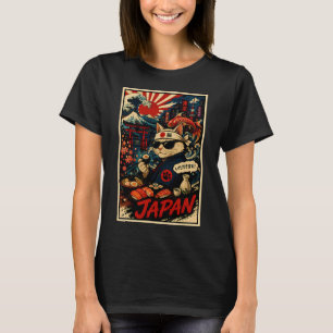 Camiseta Cartaz de Sushi de Gato Retro Japão com Ukiyo Insp