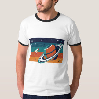 Camiseta Cartaz Retro de Viagem Espacial Planeta Anelado