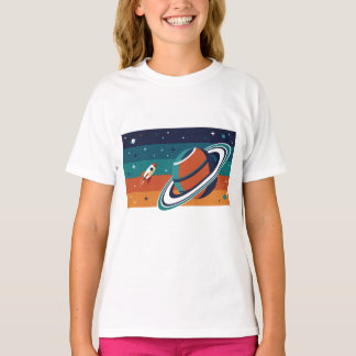 Camiseta Cartaz Retro de Viagem Espacial Planeta Anelado