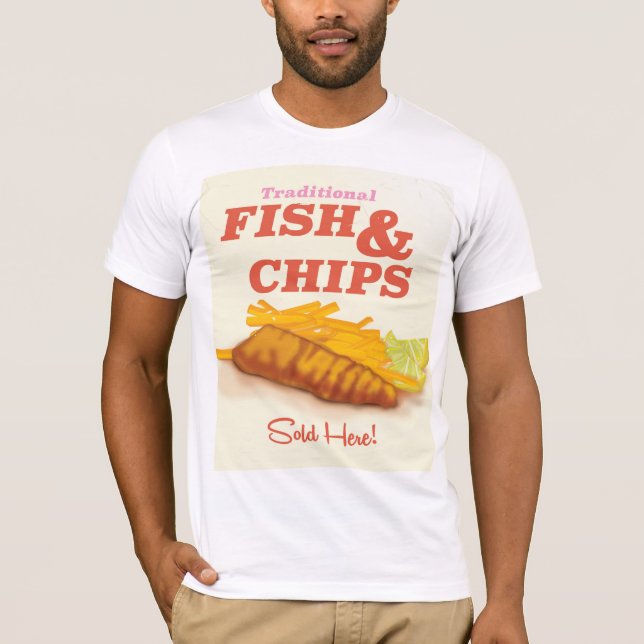 Camiseta Cartaz vintage de peixe e batata frita tradicional (Frente)