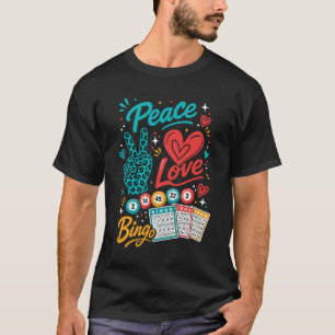 Camiseta Cartões de Bingo Paz Amor Bolas Jogo Noturno Jogad
