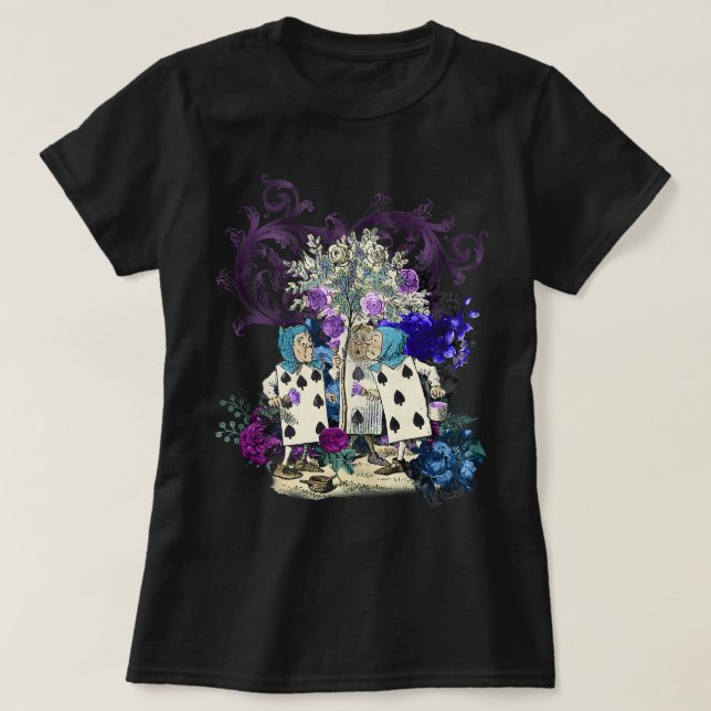 Camiseta Cartões Steampunk Rosa do Jardim Alice no W (Frente do Design)