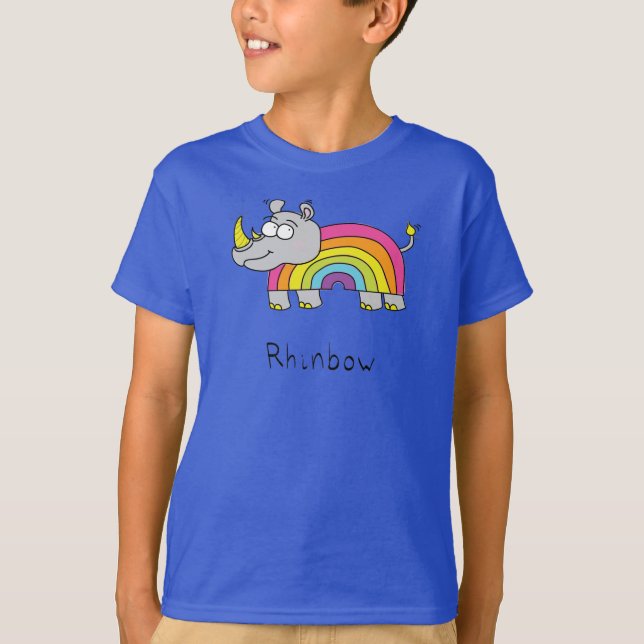 Camiseta Cartografia Engraçado Rhino Rainbow Cute Kids (Frente)