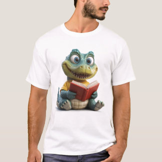 Camiseta Cartoon 3D Whimsical Crocodilo com um Livro