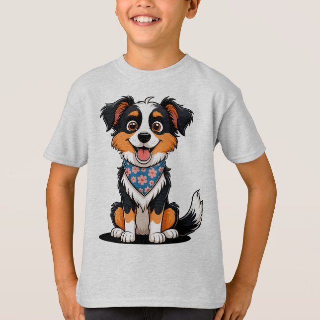 Camiseta Cartoon Adorável Puppy Com Bandana Floral (Frente)