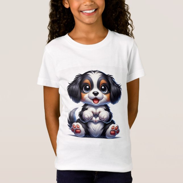 Camiseta Cartoon Adorável Puppy Segurando um Coração (Frente)
