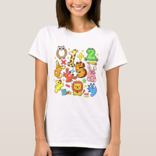 Camiseta Cartoon Animais Números Matemáticos Fofo