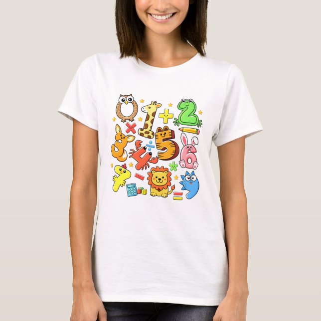 Camiseta Cartoon Animais Números Matemáticos Fofo  (Frente)