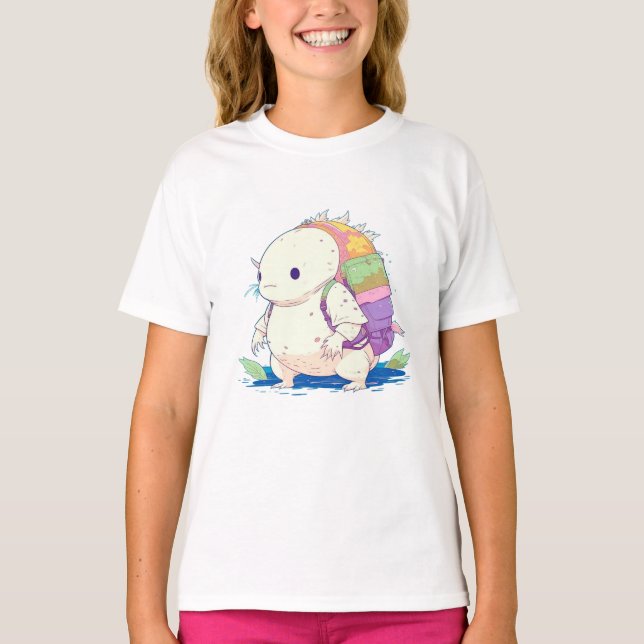 Camiseta Cartoon Axolotl Kawaii de volta à escola (Frente)