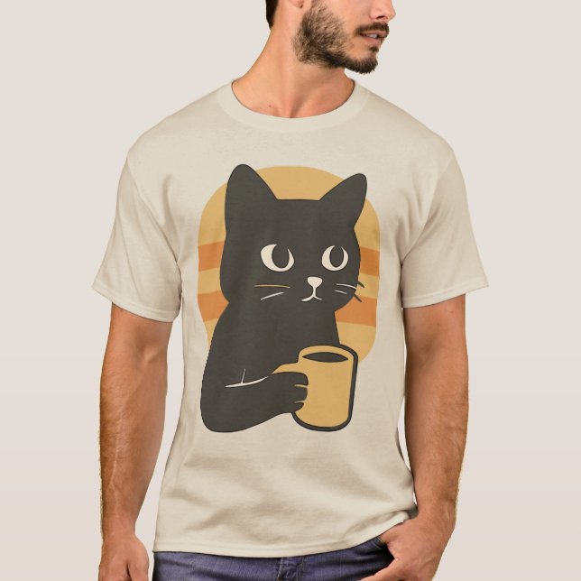Camiseta Cartoon Black cat segurando uma caneca de café (Frente)