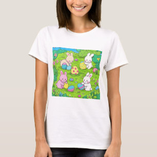 Camiseta Cartoon Bunnies de Páscoa e ovos coloridos