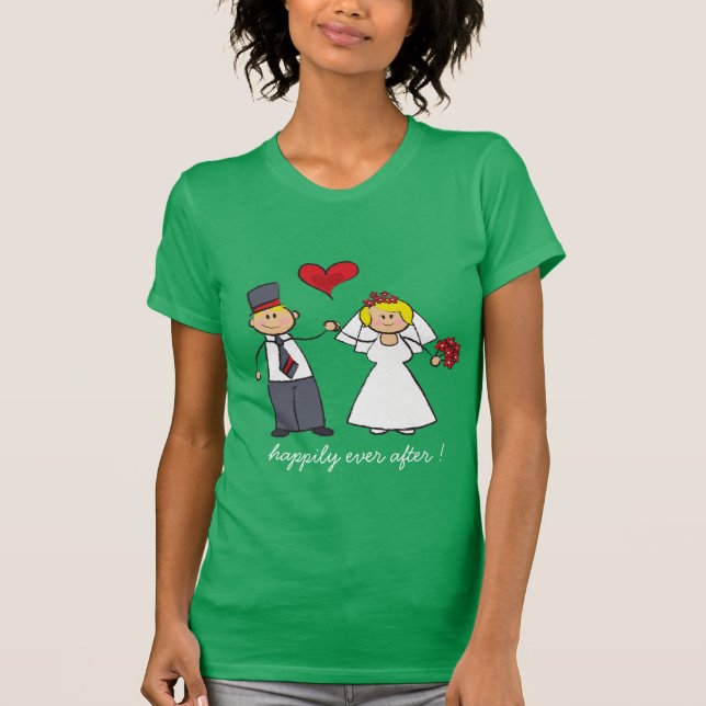 Camiseta Cartoon Casal Noiva e Coração Vermelho de Groom (Frente)