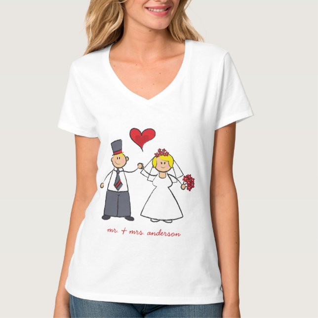 Camiseta Cartoon Casal Noiva e Coração Vermelho de Groom (Frente)