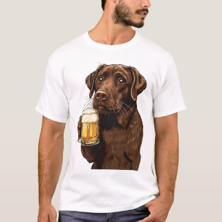 Camiseta Cartoon Chocolate Labrador Segurando Cerveja