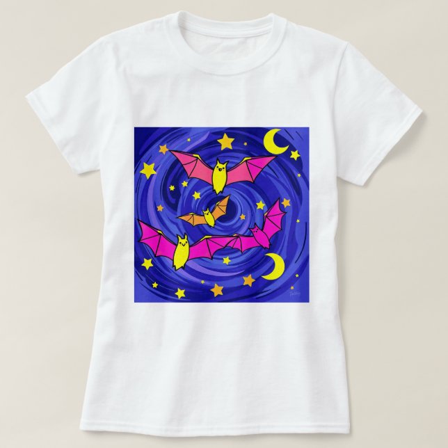 Camiseta Cartoon Colorida Bat Cute Halloween Starry Night (Frente do Design)