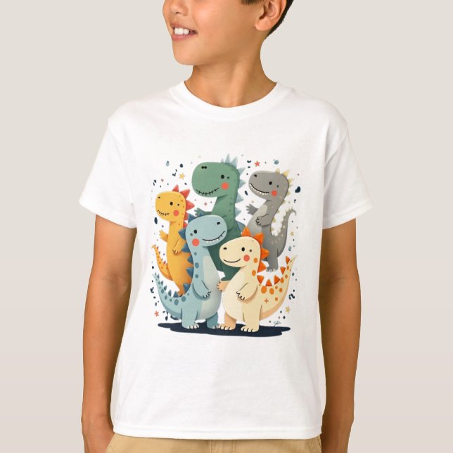 Camiseta Cartoon Colorido Dinossauros Crianças T-Shirt (Frente)