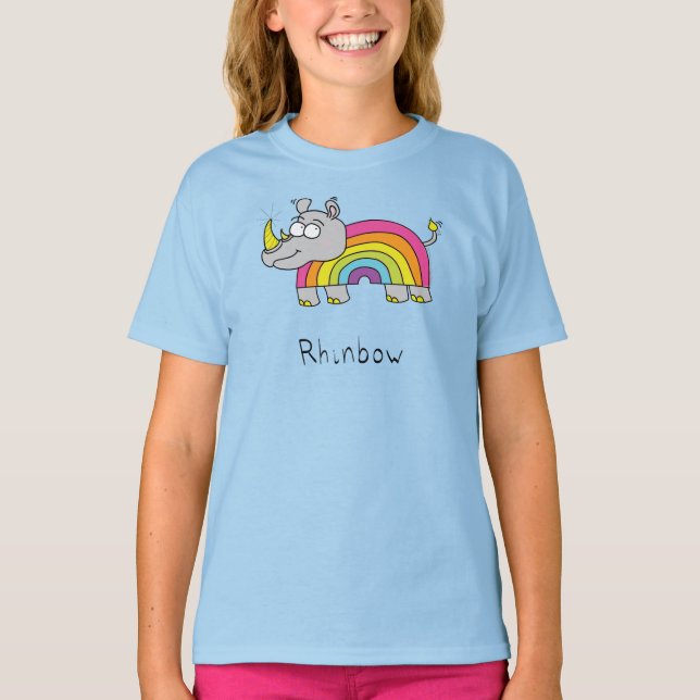 Camiseta Cartoon Cute Rhino Rainbow Rhinocerontes Kids (Frente)