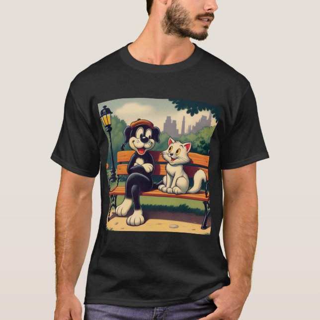 Camiseta Cartoon de gato/cão, bonito, vintado (Frente)