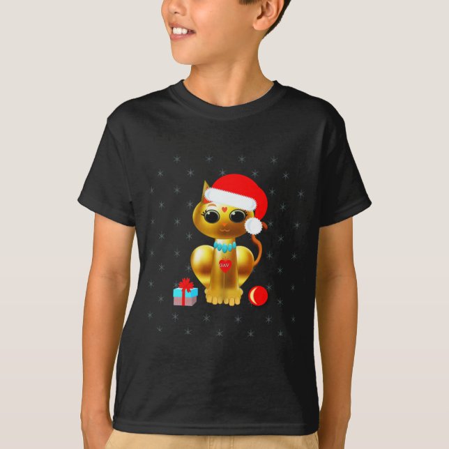 Camiseta Cartoon de gato ouro bonitinho de Natal (Frente)