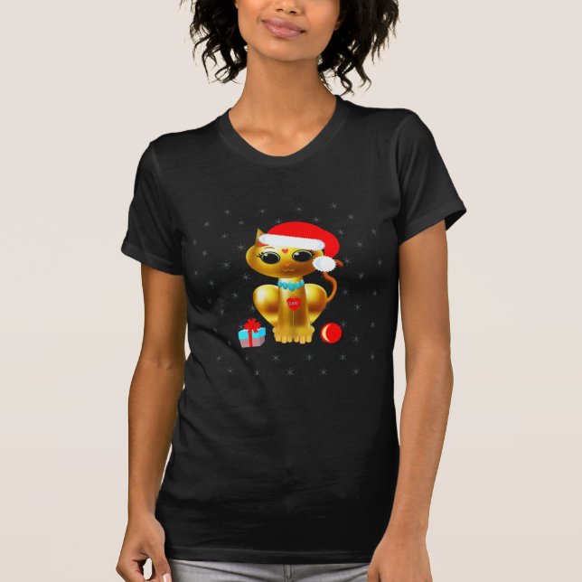 Camiseta Cartoon de gato ouro bonitinho de Natal (Frente)