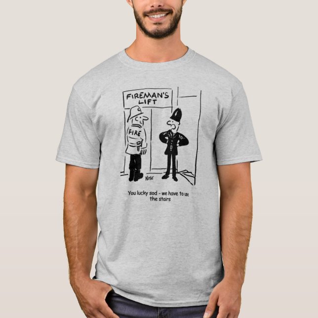 Camiseta Cartoon de Levante do Policial e Bombeiro (Frente)