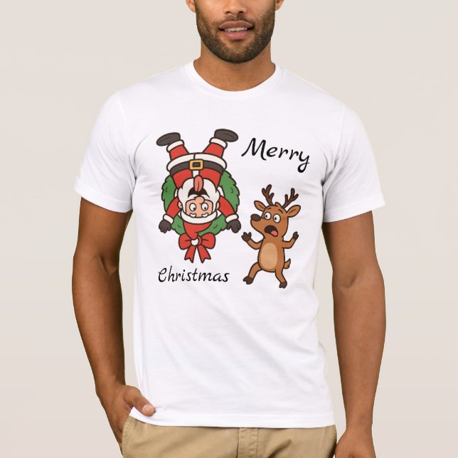 Camiseta Cartoon de Natal engraçado com Papais noeis e Amig (Frente)