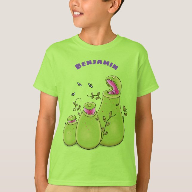 Camiseta Cartoon de plantas carnívoras verdes e engraçadas (Frente)