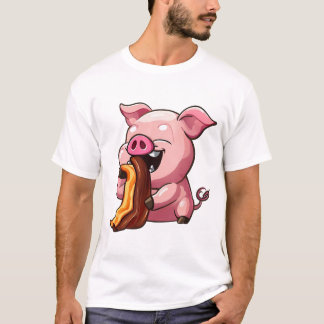 Camiseta Cartoon de Porco Comendo Bacon