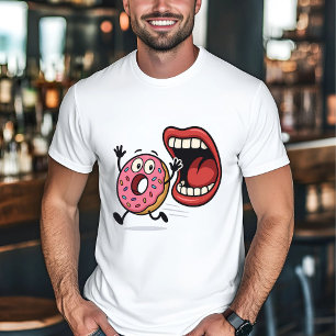 Camiseta Cartoon de Rosquinha Engraçado Correndo da Boca