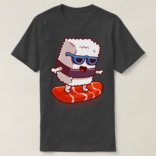 Camiseta Cartoon de Surfe de Salmão de Sushi Cute (Frente do Design)