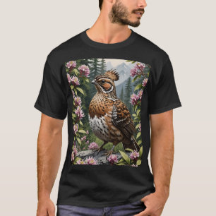 Camiseta Cartoon de uma galinha-da-mata cercada por montanh