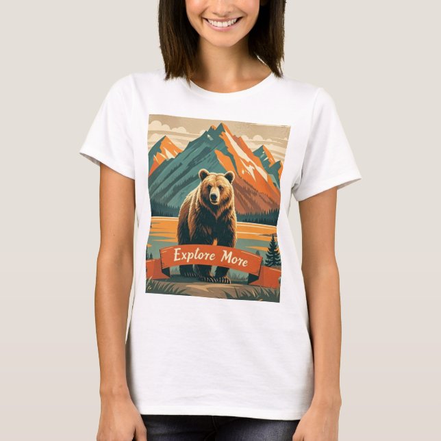 Camiseta Cartoon de urso retrô e cordilheira (Frente)