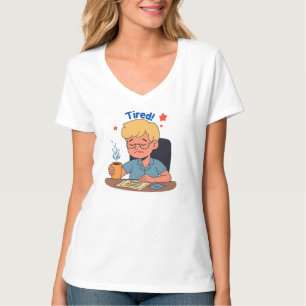 Camiseta Cartoon do Office Worker Cansado - Café e Trabalho