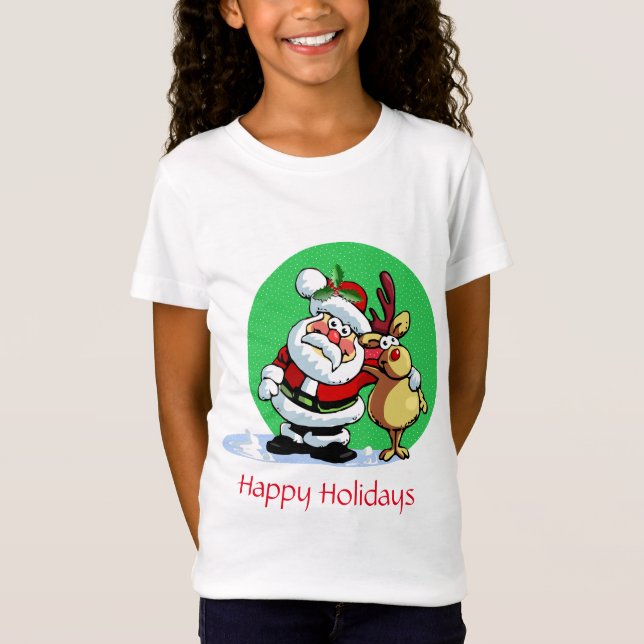 Camiseta Cartoon do Papai Noel com renas (Frente)