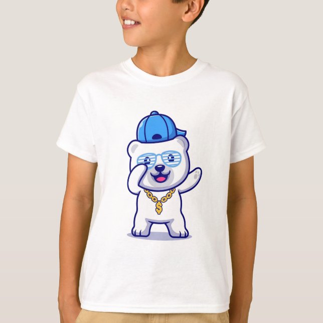 Camiseta Cartoon do Urso Polar Swagggg com Chapéu e Cadeia  (Frente)